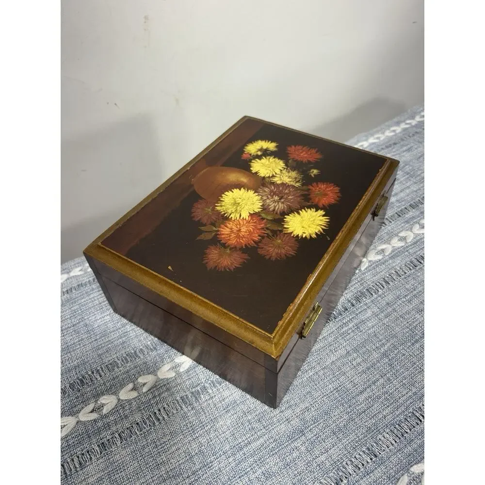 Vintage 1970s Wood Jewelry Box Floral Lid Etched Mirror Gold Lined Keepsake